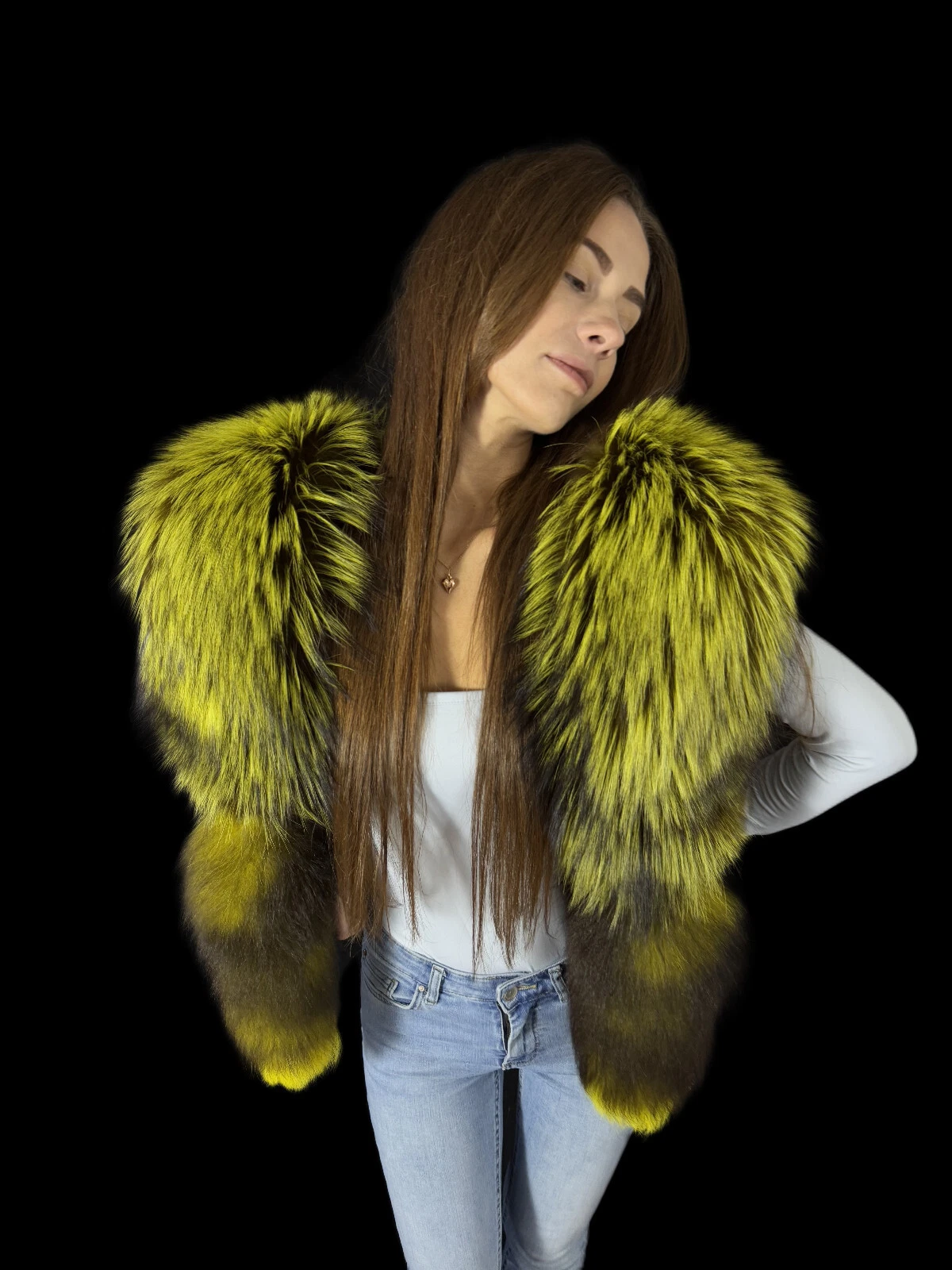Silver Fox Fur Stole 51" (130cm) + Real Tails Yellow Fur Saga Furs Collar Scarf