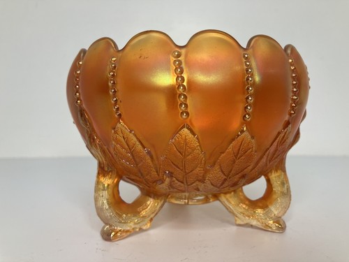 Vintage Carnival Glass Bowl Footed Rose Marigold Leaf & Beads Northwood - Picture 7 of 10