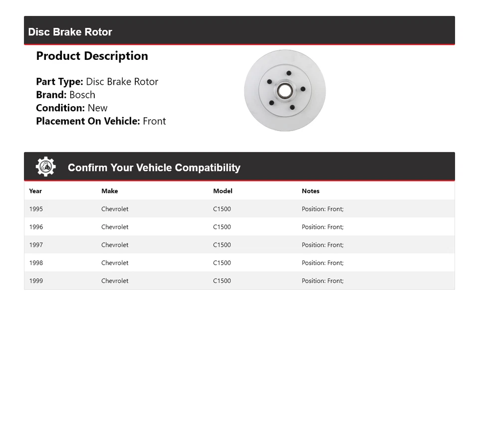 Rotor de freno de disco delantero QuietCast Bosch 1995-1999 1996 1997 Foto 2 de 4