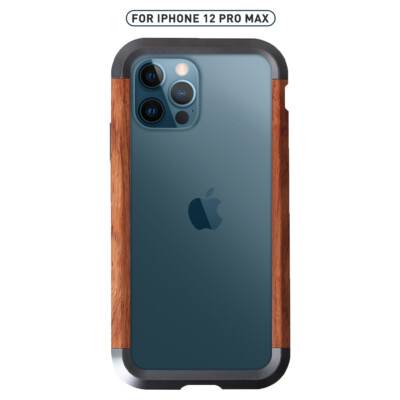 For iPhone 14 13 15 Pro Max Shockproof Hybrid Metal Wood Bumper Hard Frame Case