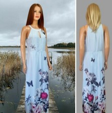 UTTAM BOUTIQUE DRESS SIZE 10 LIGHT BLUE FLORAL+BUTTERFLY PRINT MAXI SLEEVELES#10