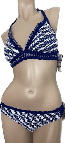 NWT $94 BECCA Bikini LARGE Blue & White Striped Crochet Halter Tri Top/Hipster