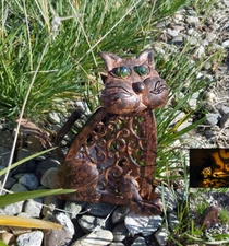 SOLAR POWERED ANTIQUE COLOR METAL CAT SOLAR AMBER LED LIGHT GARDEN DECORATION