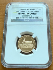 Israel 1993 Gold 1/4 oz 5 New Sheqalim NGC PF69UC Apple Tree and Young Hart 2921.12 per troy oz