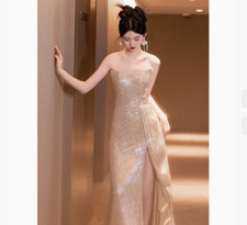 Womens Pretty Sequin Strapless Hip Package Slit Evening Dress Cocktail Prom b645