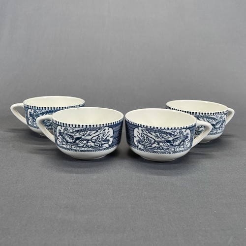 Vintage Currier und Ives Blau & Weiß Kaffeetasse Becher 4er Set
