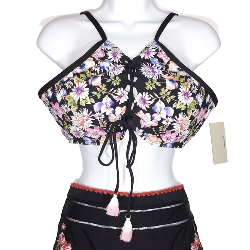 Kenneth Cole Reaction Womens Lace Up Swim Top XL Black Floral Padded NEW - Picture 1 of 8