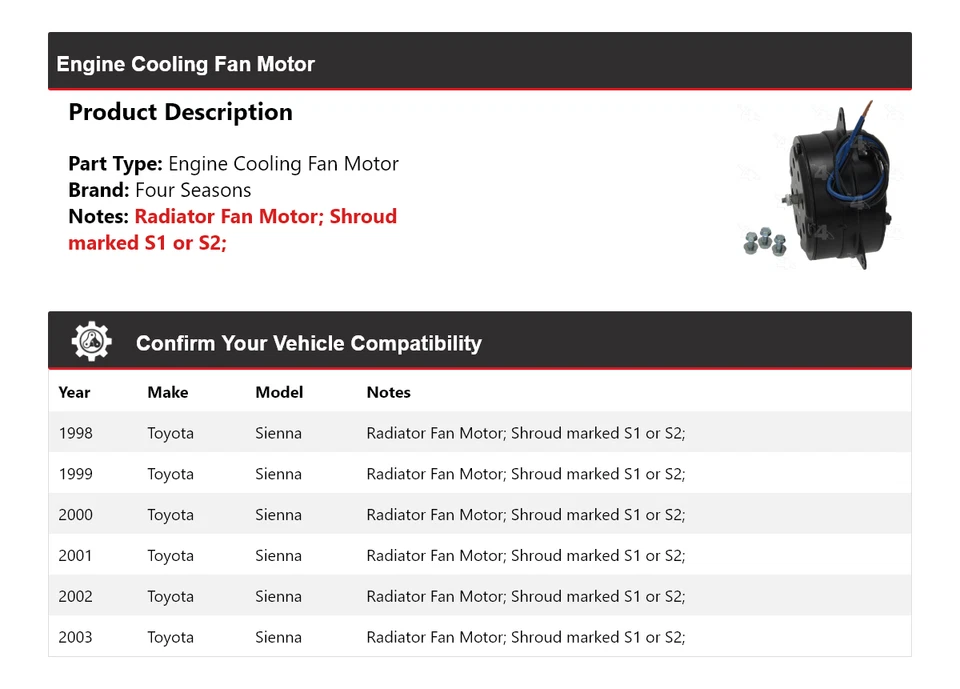 For 1998-2003 Toyota Sienna Engine Cooling Fan Motor 4 Seasons 1999 2000 2001 - Image 2 of 4