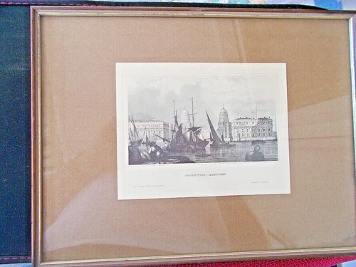 GREENWICH HOSPITAL (London with Thames and ships) - steel engraving circa 1840