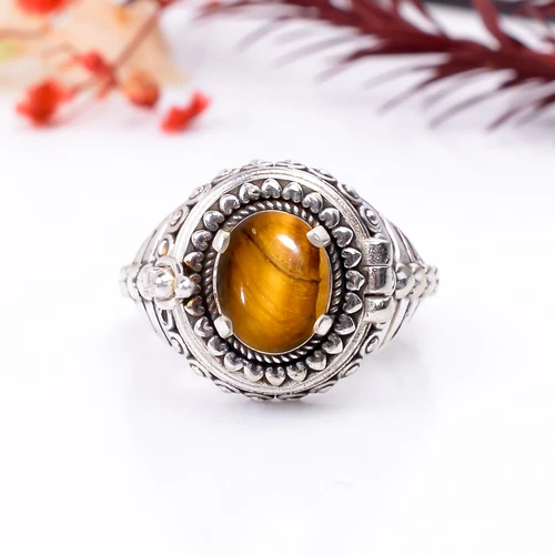 Tiger's Eye Gemstone Handmade Poison Ring, 925 Silver Tiger's Eye Poison Ring.