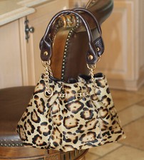 ROBERTA GANDOLFI BEIGE BROWN GENUINE LEATHER CALF HAIR ANIMAL PRINT SHOULDER BAG