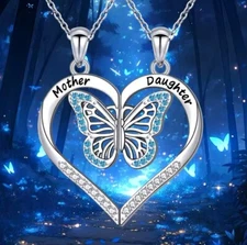 14K Plated 2-PC Mother-Daughter 18" Butterfly Heart Matching Necklaces Set