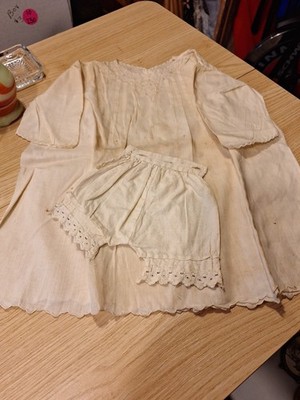 Antique Doll Dress And Undies Cream For Bisque Doll, Exquisite Work 