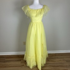 vintage Union Made Dress Maxi Yellow Cottagecore Prairie Chiffon Gown A-line 80s