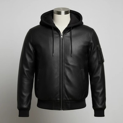 Men's Genuine Black Premium Leather Bomber Jacket With Removable Hoodie