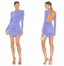 Misha Evetta Dress Heather Blue Size 4 Open Back Ruching Mini Shoulder Pads Zip
