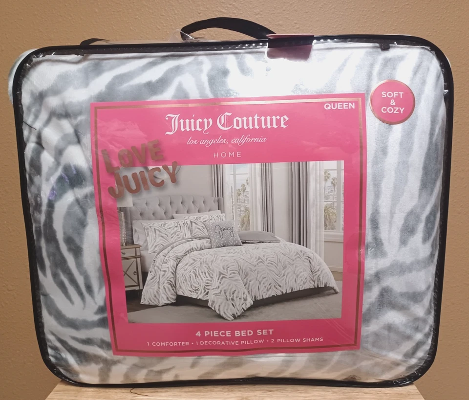 Juicy Couture Grey/White Tiger Stripes Plush 4pc Queen Comforter Set Soft & Cozy - Image 2 of 4