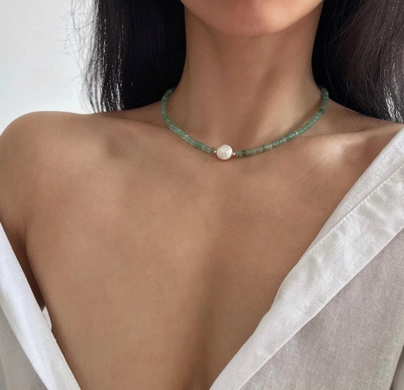 Natürlicher grüner Aventurin & Perle glatt Rondell Edelstein Perlen Halskette... - Bild 3 von 4