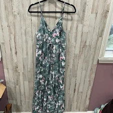 Miami Floral Green Button Front Maxi Sundress Ruffle Hem
