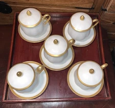 SetOf5-3pc.SetsOf Demitasse Espresso Cups, Lids&Saucers.White&Gold Fine China