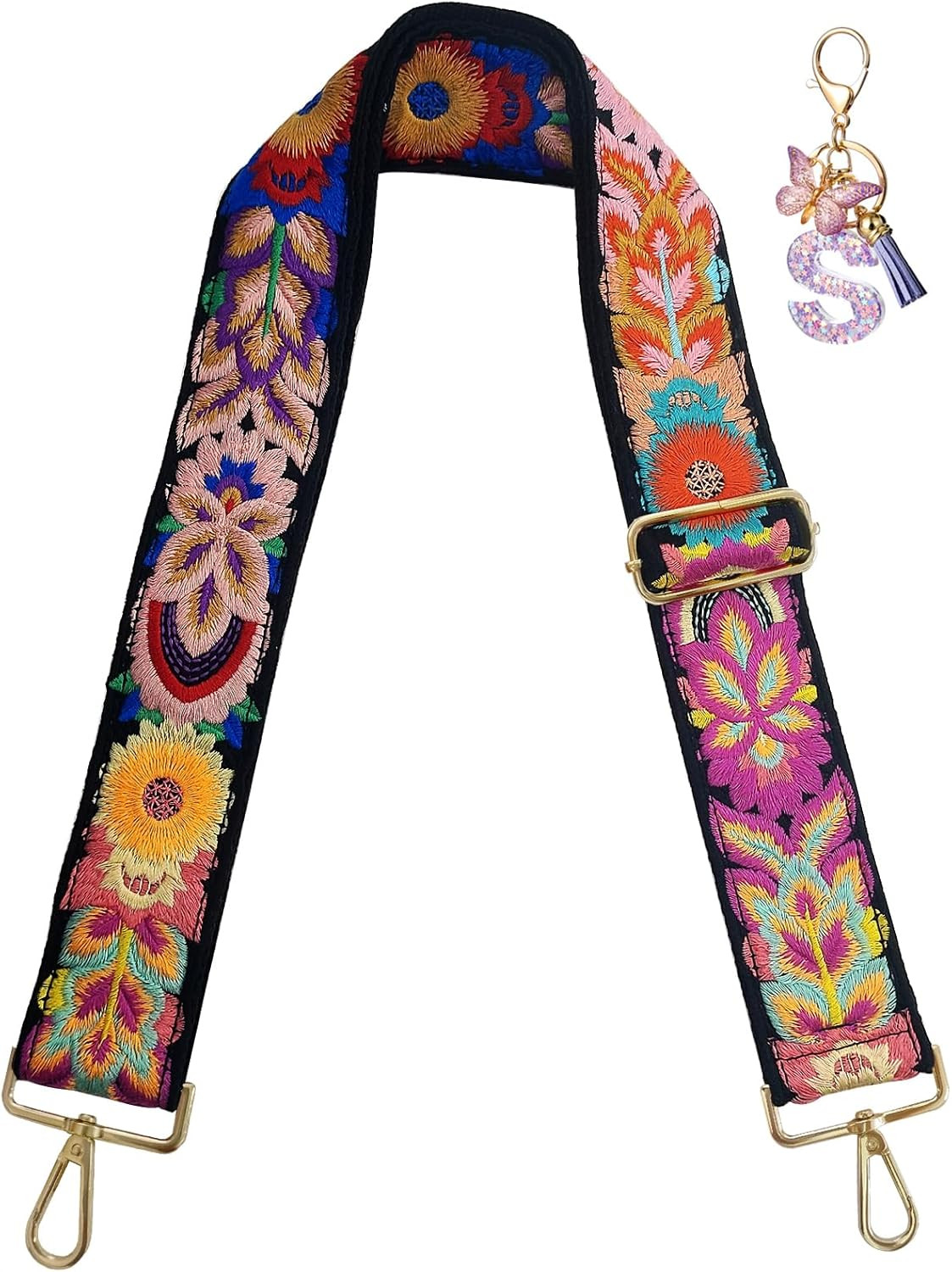 Embroidery Flower Purse Strap Replacement Crossbody 2 Inch Wide with Letter S Ke