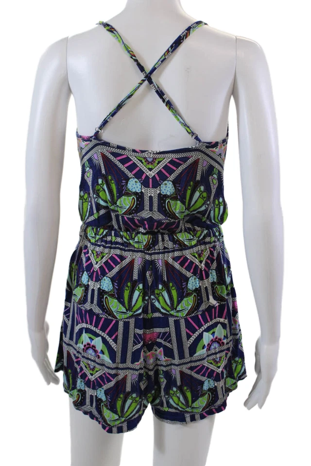 Mara Hoffman Womens Spaghetti Strap Scoop Neck Abstract Romper Blue Multi XS - Image 3 of 4