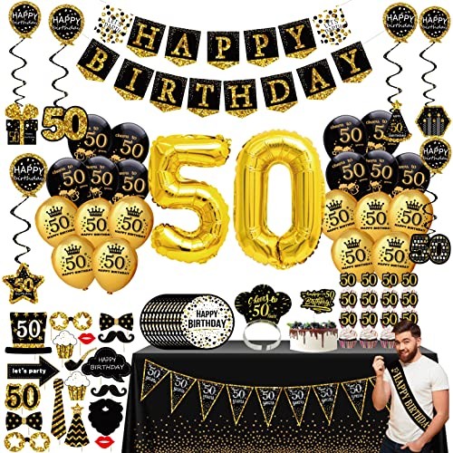 50th birthday decorations for men women - (76pack) black gold party Banner - Picture 1 of 5