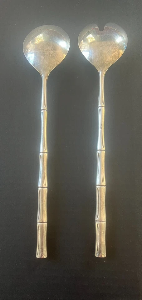 Juego de cubiertos tenedor cuchara para servir lanzador ensalada mango bambú tono plata Italia 12" Foto 2 de 4