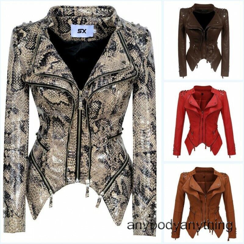 Punk Rock Womens Rivets Shoulder Leather Jacket Biker Motorcycle Short ...