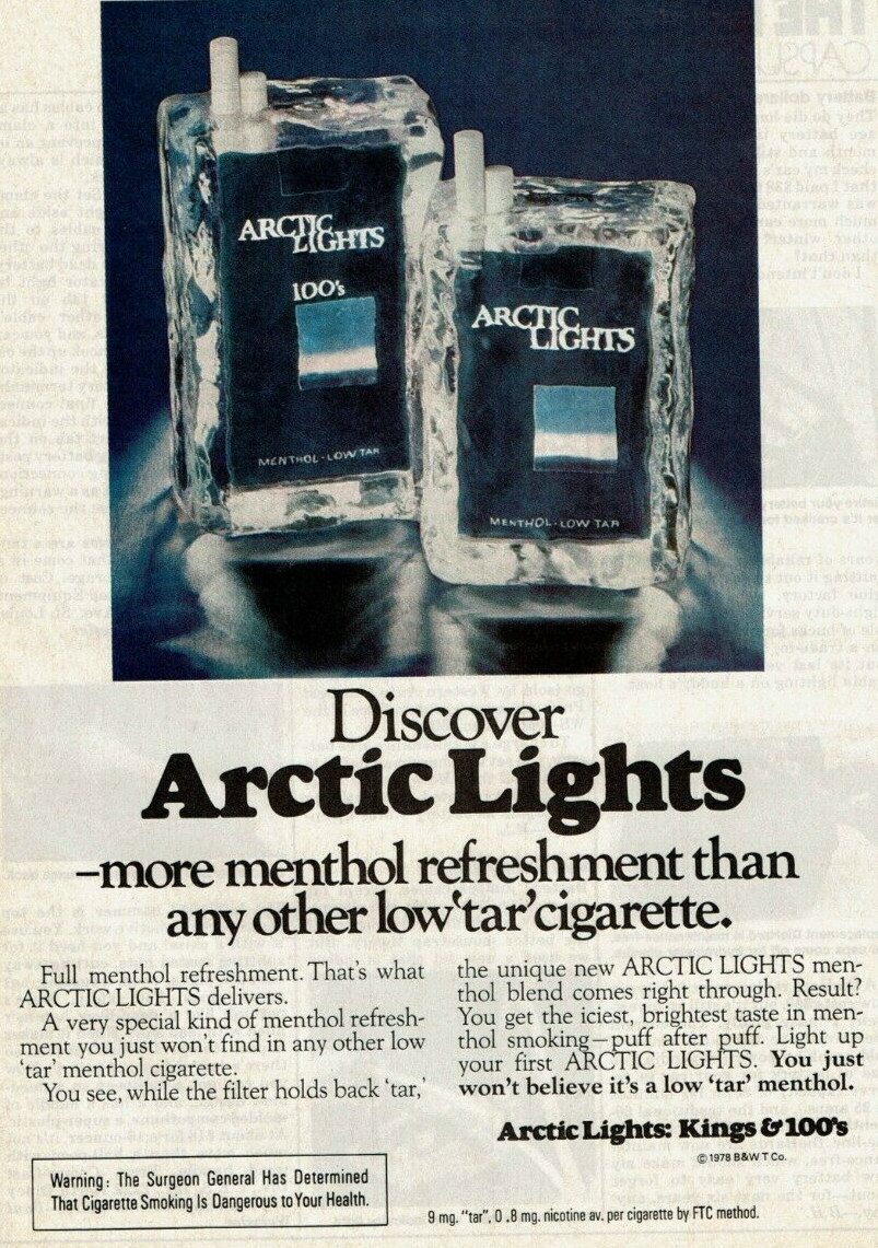 Vintage Print Ad 1979 Discover Arctic Lights King & 100s Cigarettes Ice Glass