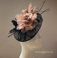 Kentucky Derby Fascinator Black Royal Ascot Hat Dusty Mauve Pink Rose Holidays