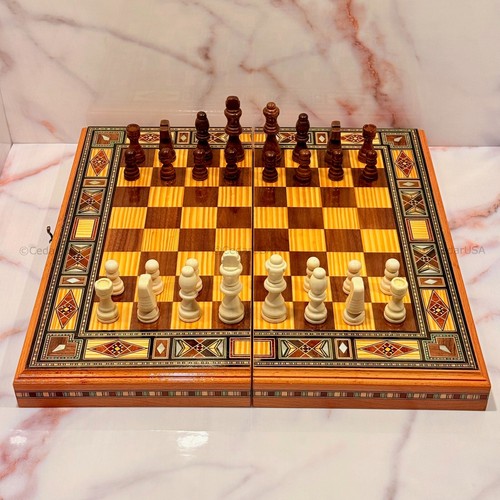 Handmade Backgammon Set and Chess Board Game from Lebanon with Genuine Pearls - Picture 3 of 11