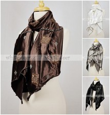 100 Cotton Smooth Shining Soft Party Scarf Fluer De Lis Rhinestone Black Brown
