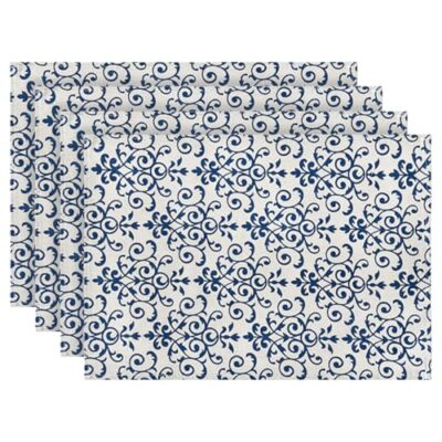  Blue White Porcelain Cotton Placemats Set of 4, 12x18 Inch Toile Textures 