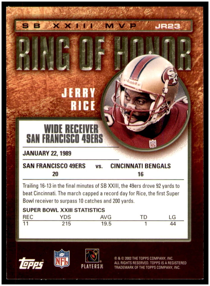 2002 Topps #JR23 Jerry Rice Ring of Honor - Image 2 of 2