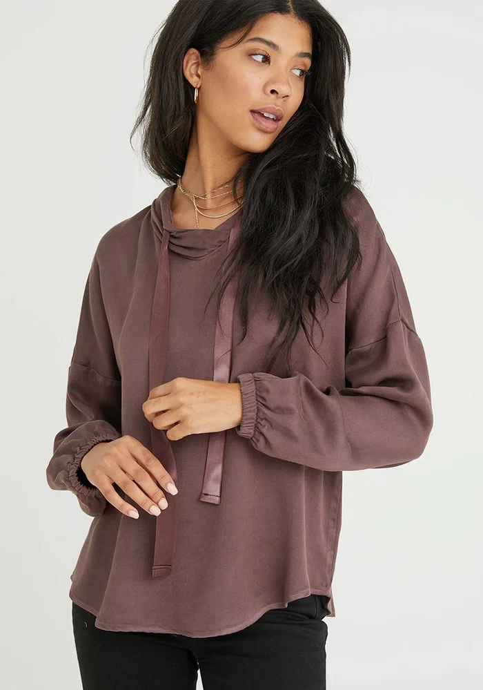 Bella Dahl Womens Hoodie Barberry Brown Loose Pullover V Neck Long Sleeve Small
