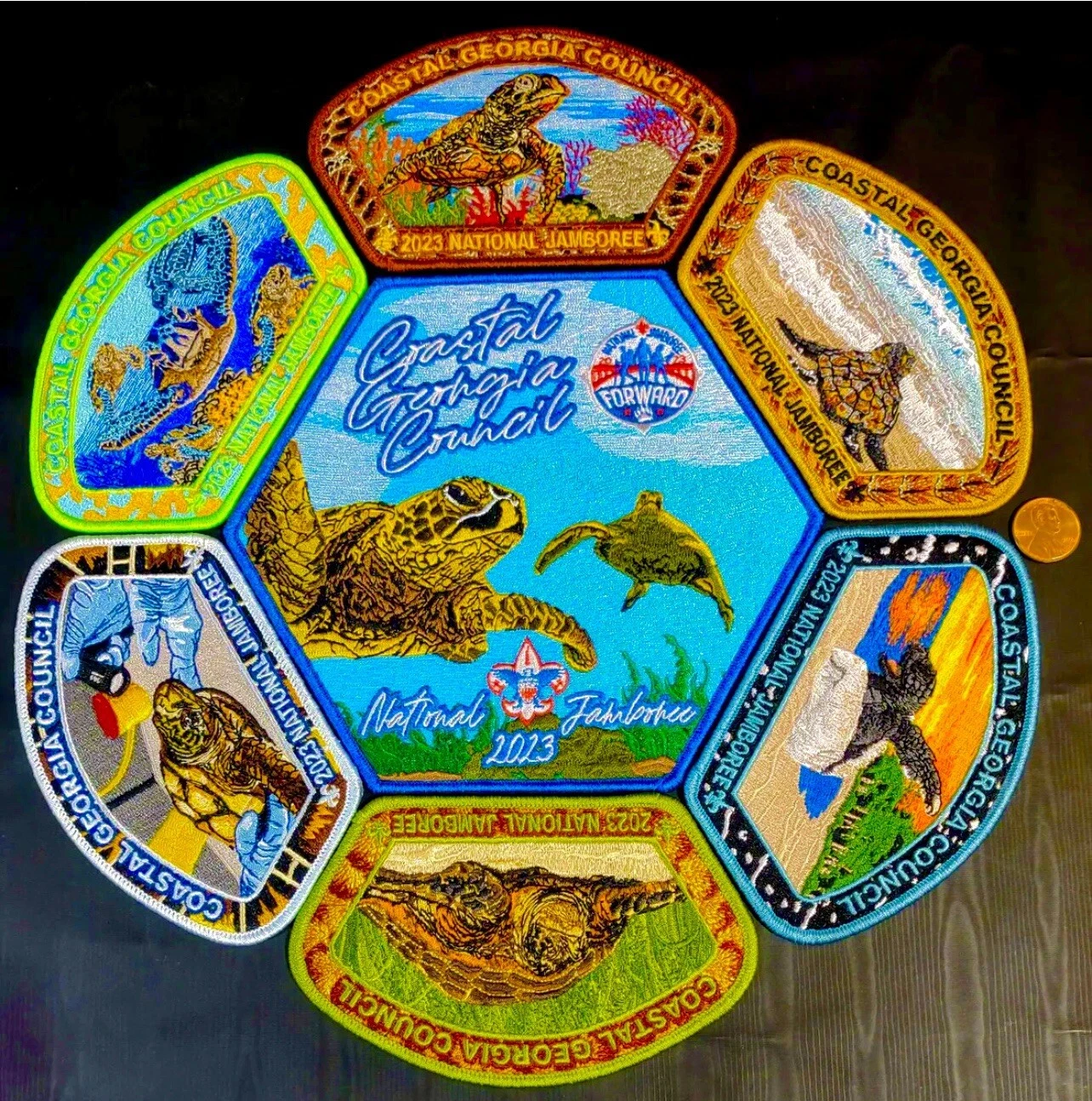 BSA COASTAL GEORGIA OA I-TSU-LA 99 2023 잼버리 7패치 세트 바다거북 200개  제작-Freehip.co.kr