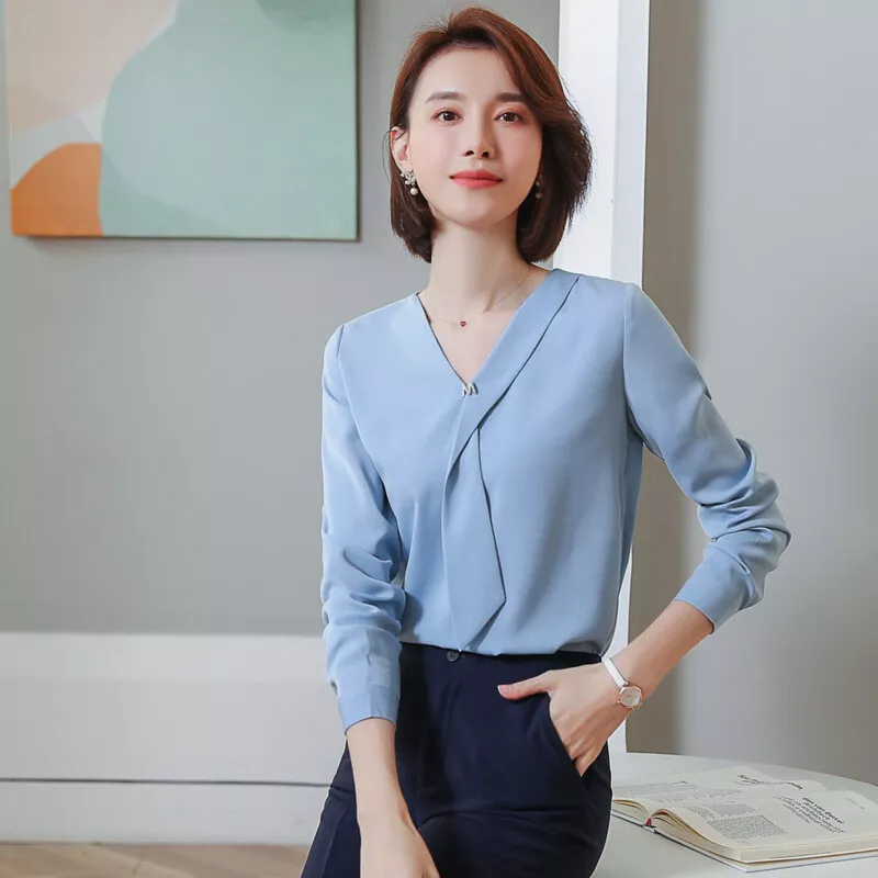 New Style Elegant Blue White Blouse Women Office Korean Shirt | eBay