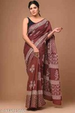 INDIAN BAGRU BLOCK PRINT PURE SOFT COTTON MULMUL SAREE SARI WITH BLOUSE PIECE
