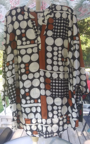 NWT Cocomo XL Black Rust Ivory Dots 3/4 Sleeve Satin Art-To-Wear Tunic Top~Z5