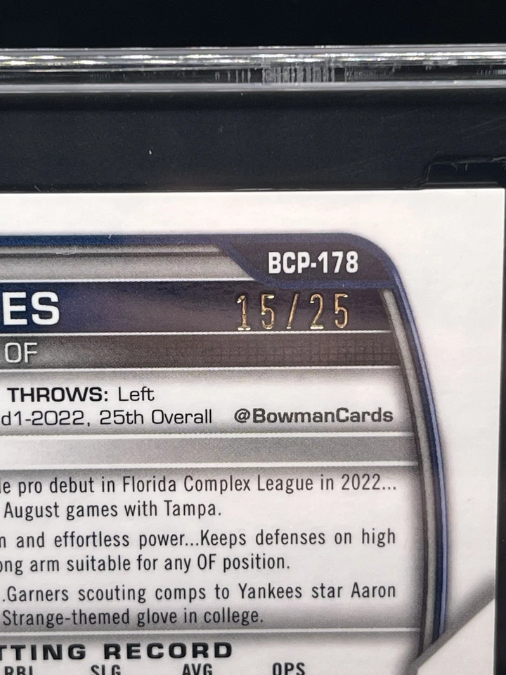 2023 Bowman Chrome Spencer Jones Prospect SSP Orange Parallel /25 SGC 10 GEM MT - Image 3 of 3