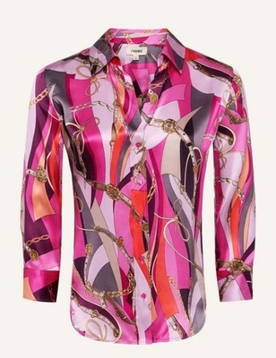 L Agence Dani Pink Multi Belt Swirl Printed Silk Blouse 3/4 Sleeve Women's XS