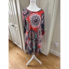 Women's Boho XL Orange Gray Mandala Print 3/4 Sleeve Casual Shift Dress Pockets
