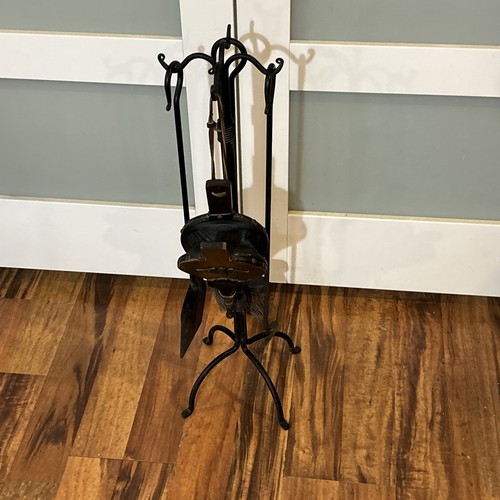 Vintage Fireplace Rustic Heavy Duty Compact Wrought Iron Tools Set w/ Bellow - Picture 2 of 5