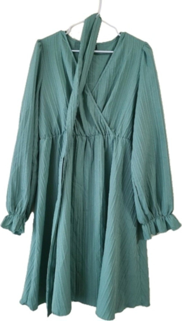 SHEIN Green Solid A-Line Mini Dress V-Neck Long Sleeve Ruffle, Women's XL