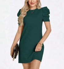 Shein Lune Dress Womens Large Solid Green Casual Puff Sleeve Keyhole Back Mini