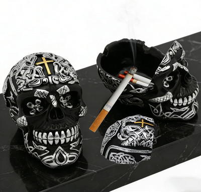 Cross Skull Ashtray with Lid - Windproof Tabletop Resin Cigarette Ash Tray for H