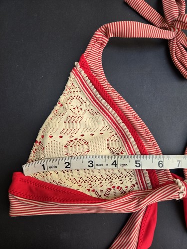 BECCA by Rebecca V 2PC Bikini Red, Cream Crochet Lace Halter Size-M - Picture 8 of 10