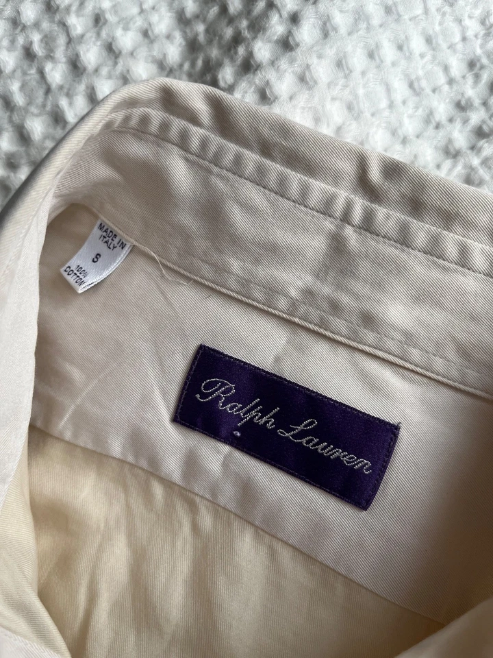 Etiqueta roxa masculina Ralph Lauren tamanho. Camisa S Cream L/S 100% algodão feita na Itália - Imagem 4 de 4