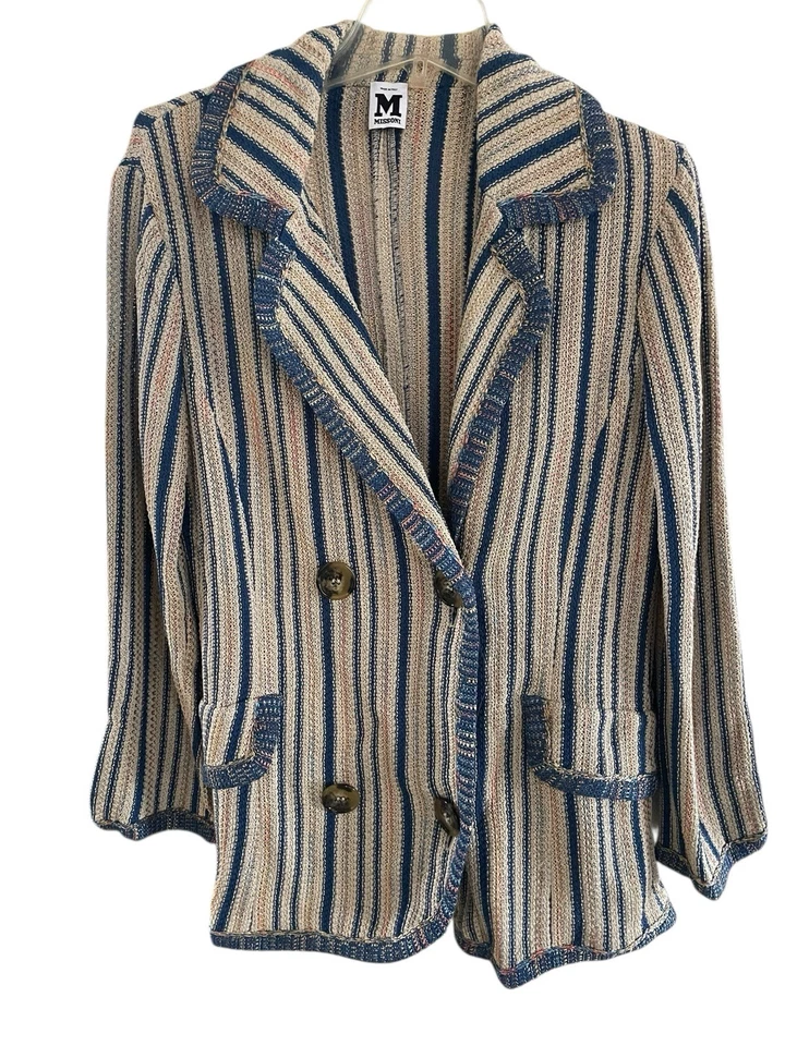 Cárdigan Blazer Chaqueta M MISSONI Talla 12 XL Azul Taupe Rayas Tejido Silencioso Lujo Foto 2 de 4